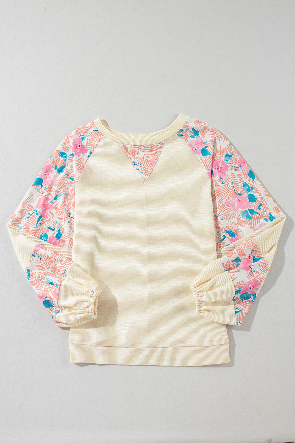 Apricot Plus Size Floral Patchwork Ribbed Puff Sleeve Top