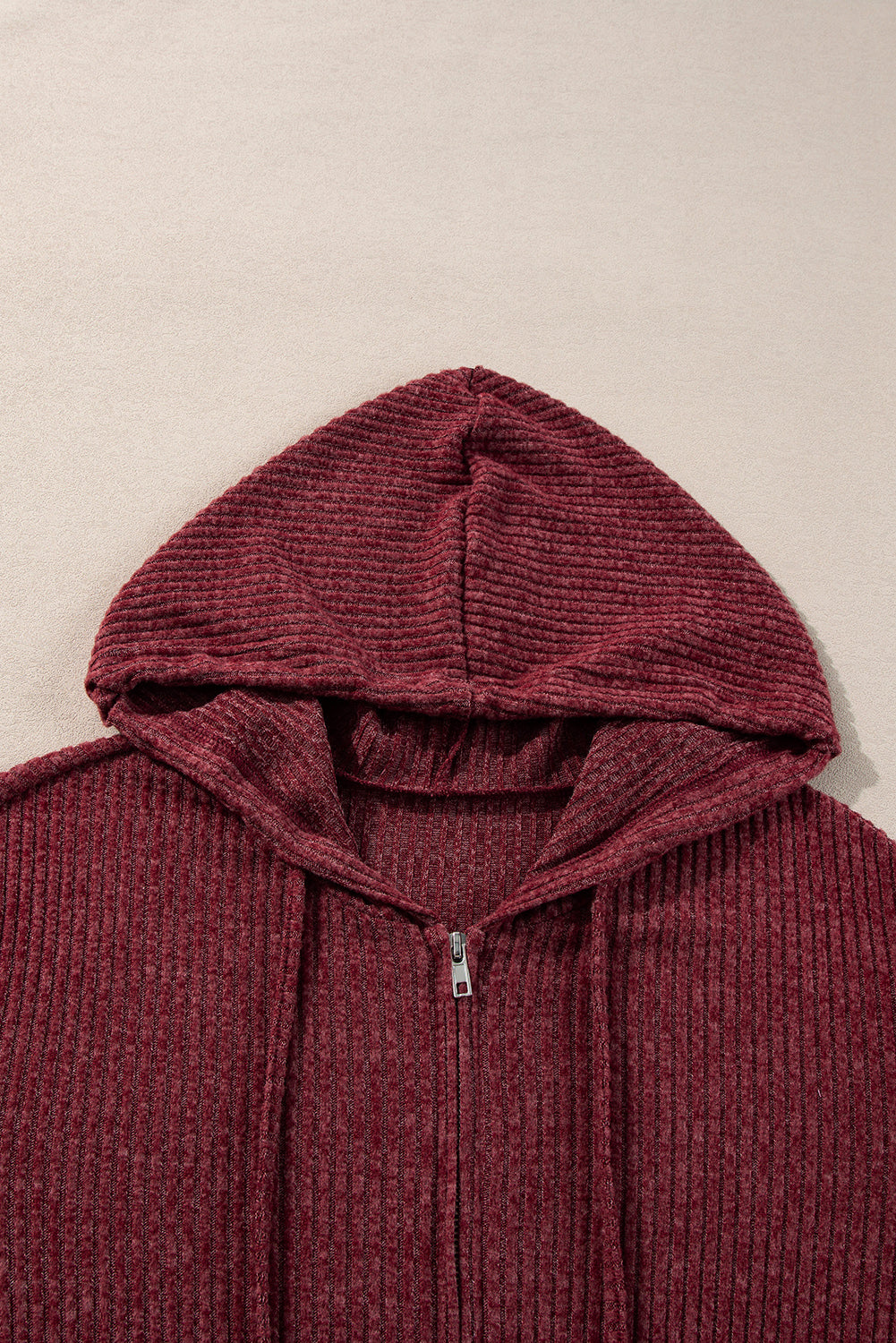 Dark Grey Ribbed Zip Up Front Drawstring Hoodie