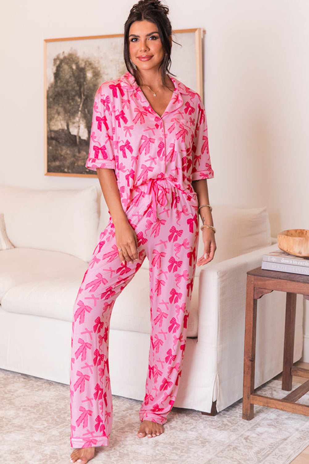 Pink Bow Print Half Sleeve Shirt and Shorts Pajamas Set