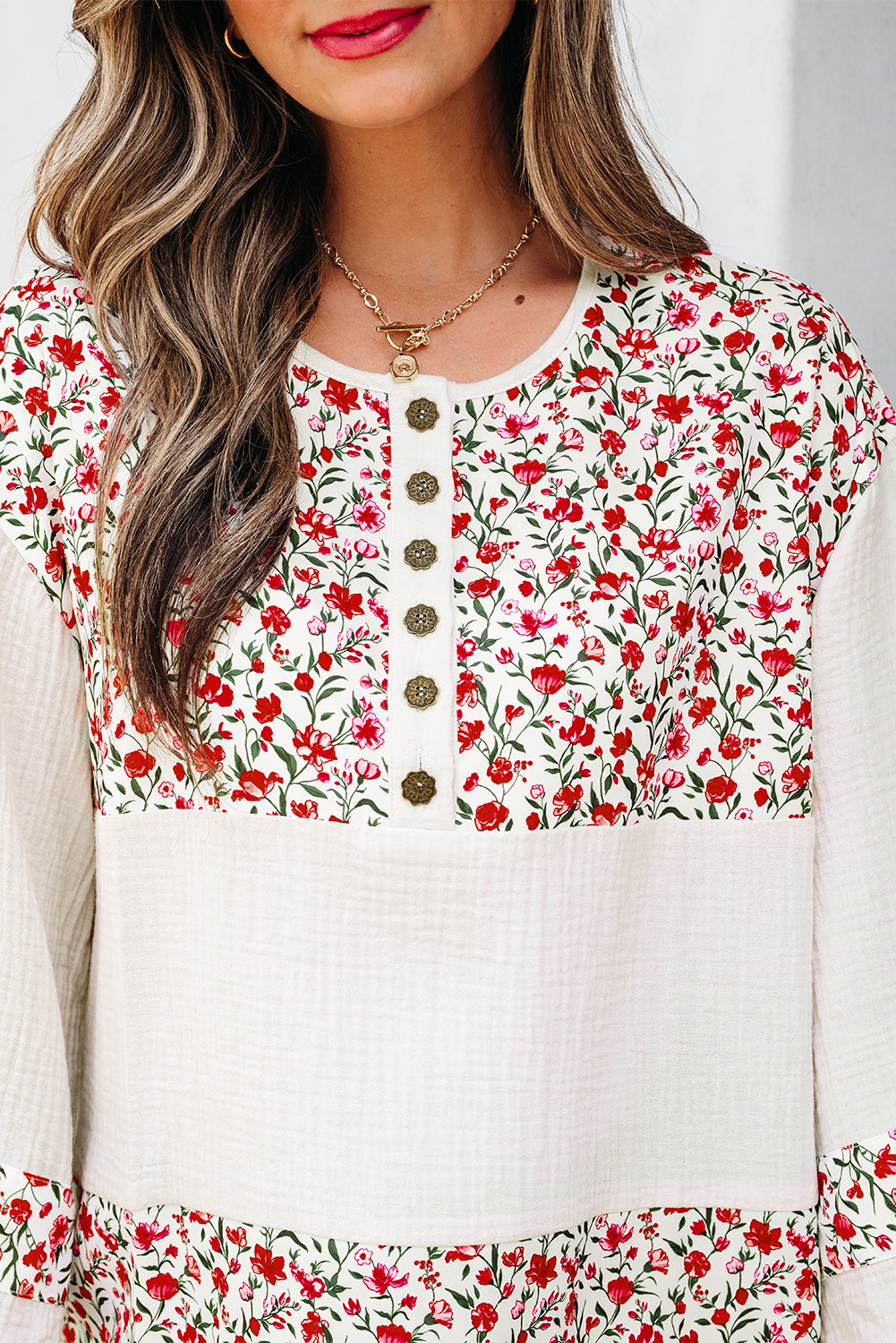 Sky Blue Floral Print Gauze Patchwork Henley Button 3/4 Sleeve Blouse