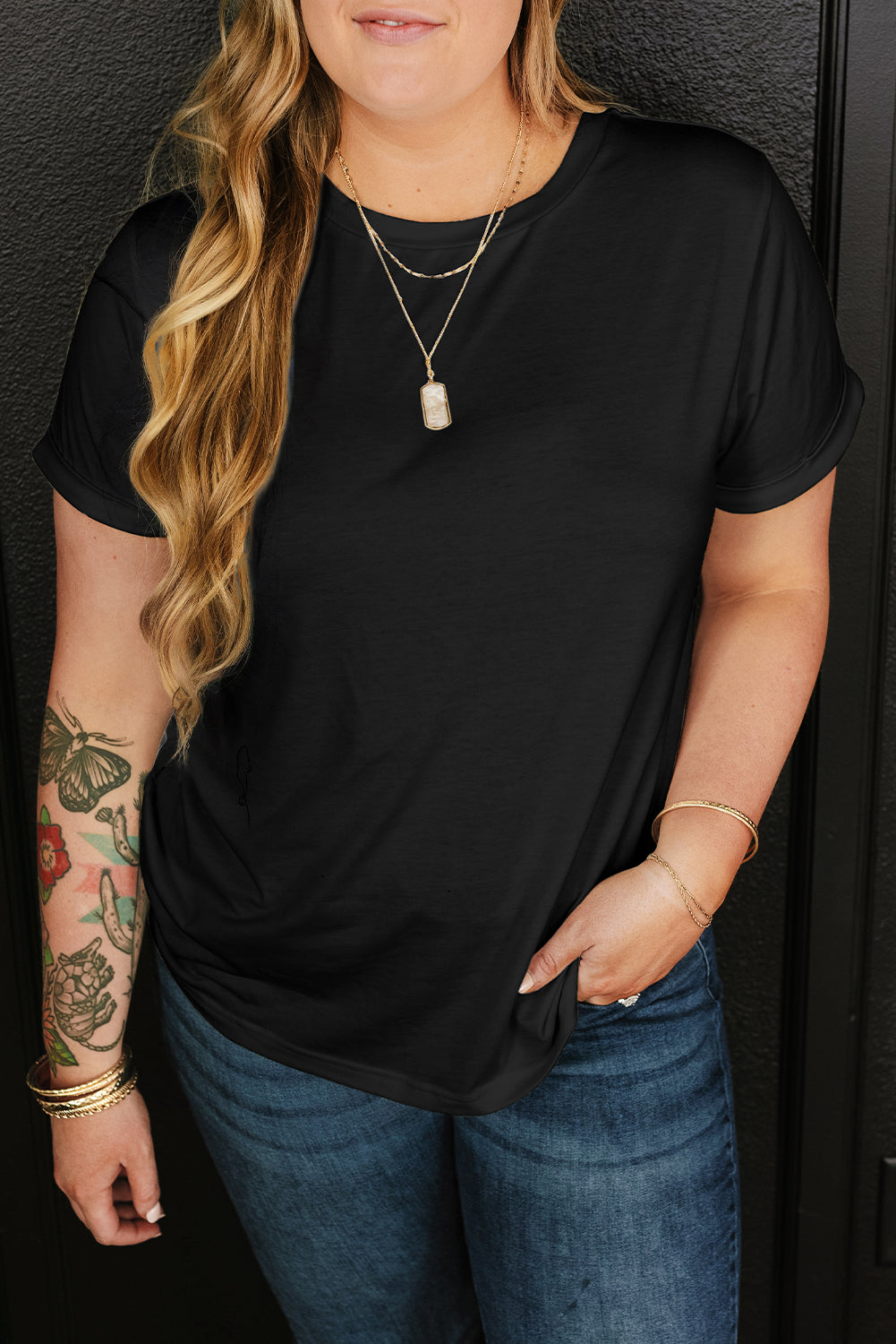 Iceland Blue Round Neck Rolled Sleeve Plus Size T-shirt