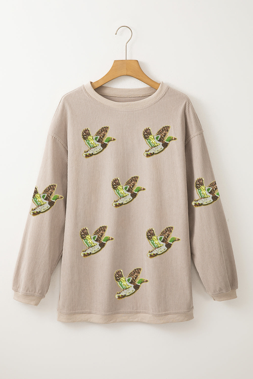 Smoke Gray Sequined Bird Pattern Corded Thanksgiving Sweatshirt