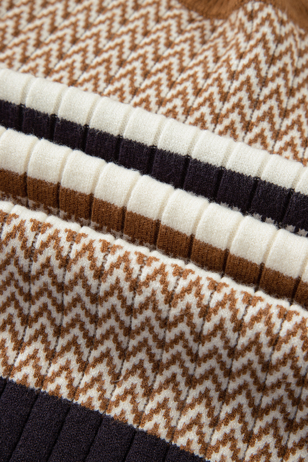 Brown Stripe Stylish Pattern Knitted Ribbed Trim Slim Sweater
