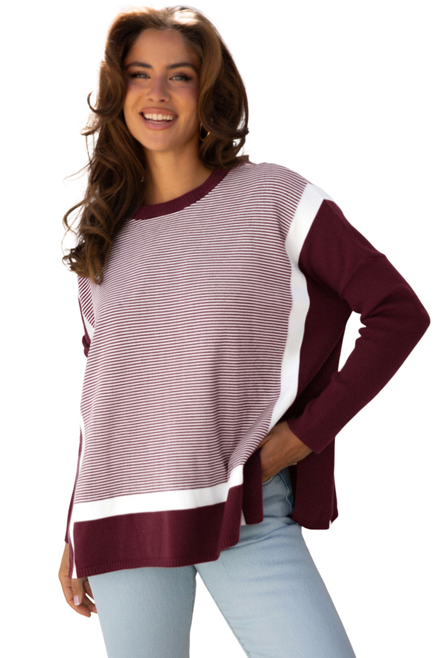Blue Stripe Color Block Patchwork Dolman Oversize Tunic Sweater