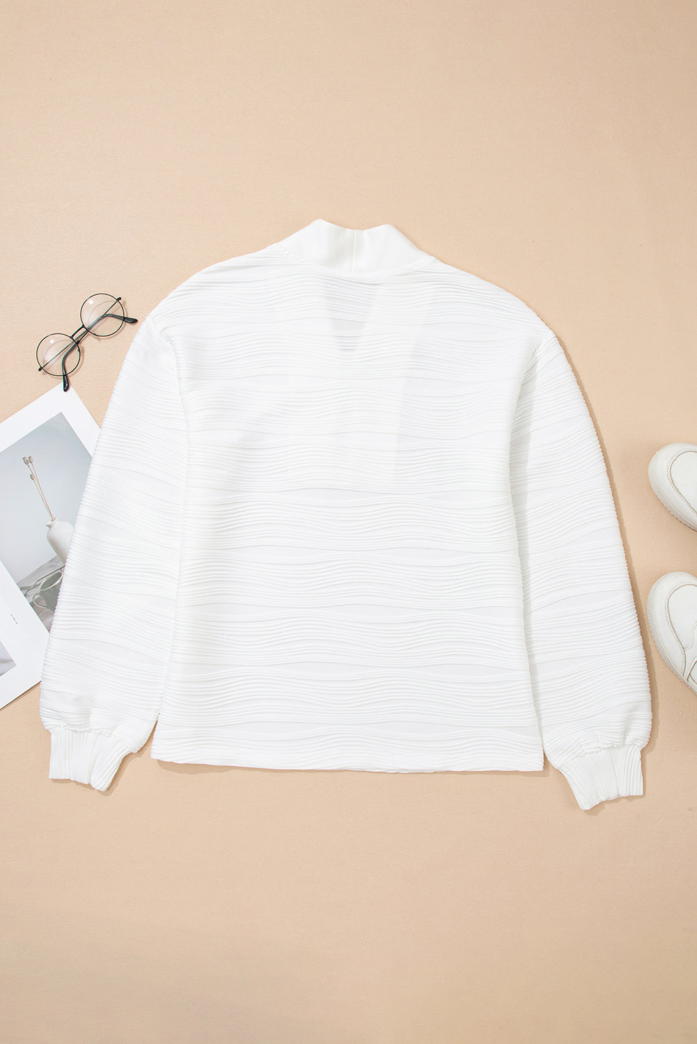 Parchment Solid Color Textured Zip V Neck Pullover Sweatshirt
