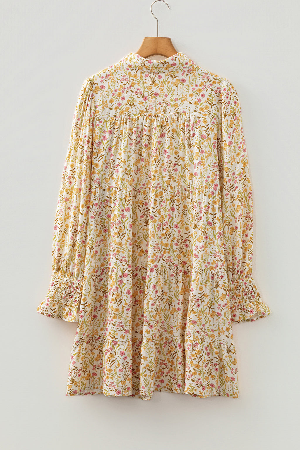 Yellow Floral Print Frilly Trim Smocked Cuff Long Sleeve Loose Shirt Dress