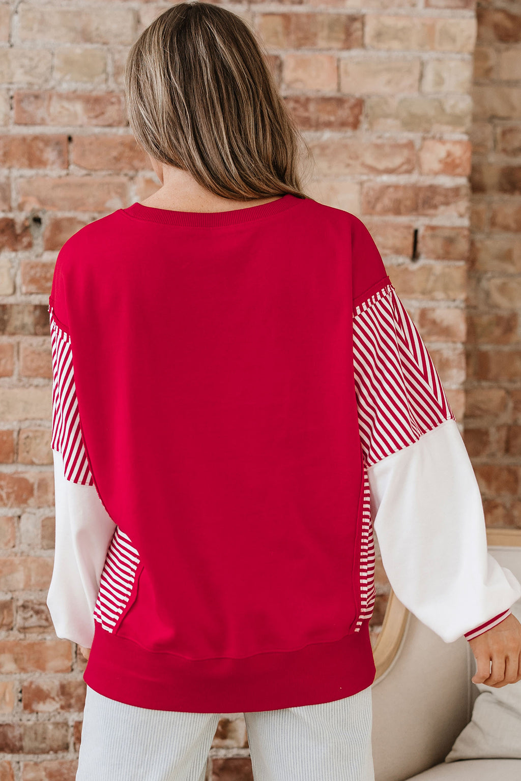 Fiery Red AL Letter Printed Color Block Striped Patchwork Baggy Sweatshirt