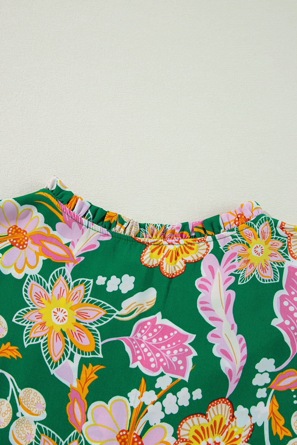 Green Floral Puff Sleeve V Neck Peplum Blouse