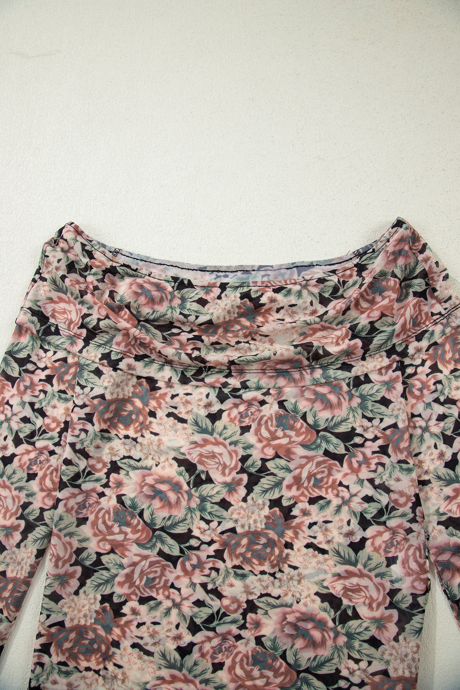 White Retro Floral Print Mock Neck Mesh Long Sleeve Top