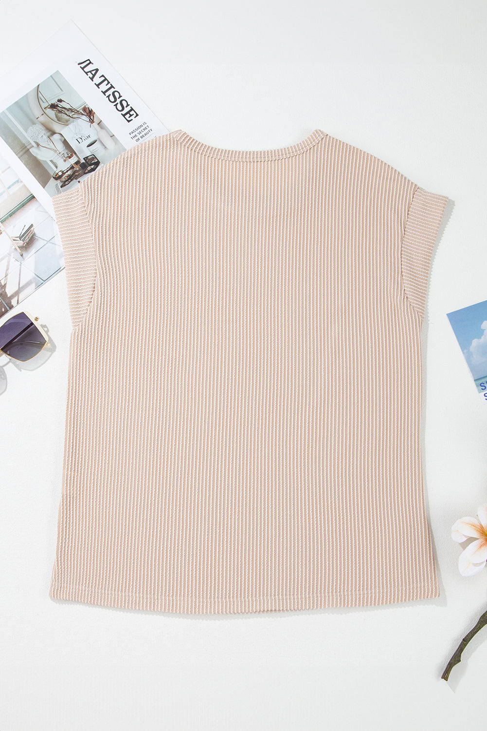 Gray Twisted Rib Wide Sleeve Crew Neck T Shirt