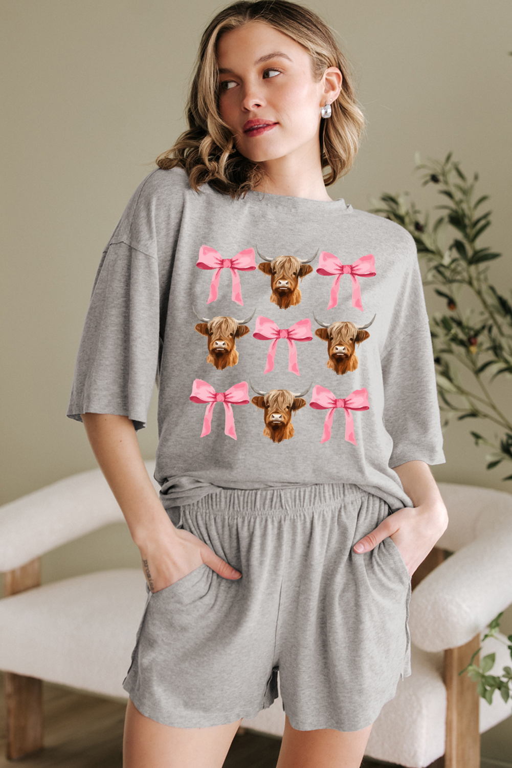 Gray Western Cow Head Bow Print Loose Fit Two Piece Shorts Set