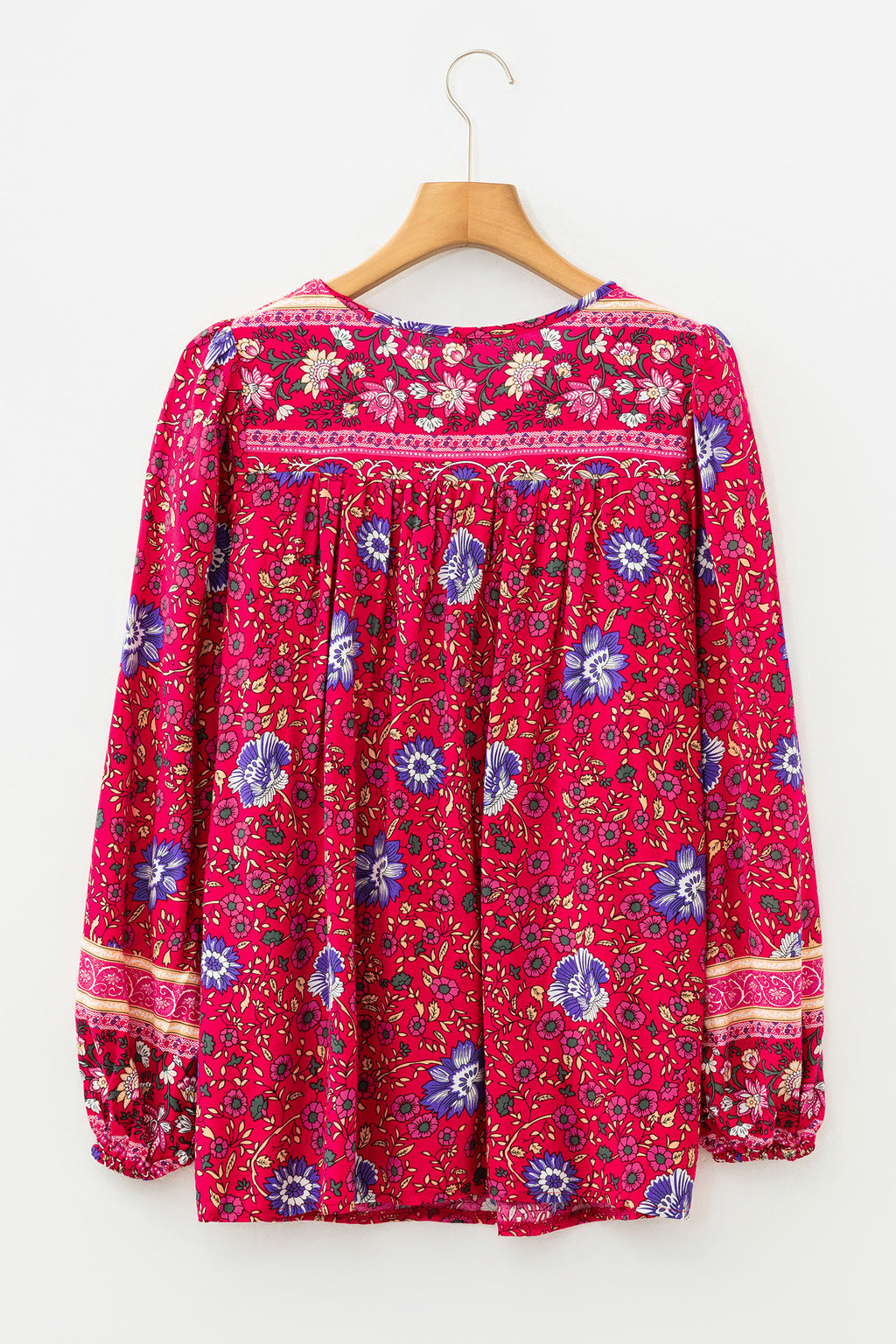 Blue Bohemian Floral Print Tassel Tie Front Long Sleeve Blouse