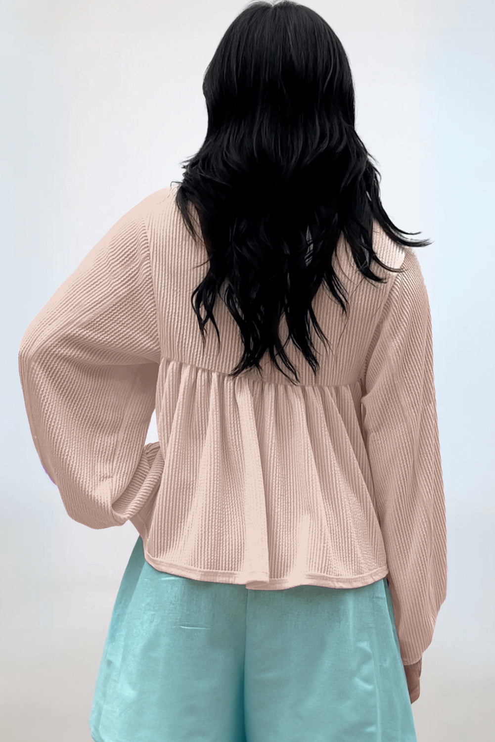 Turquoise Cordrd Balloon Sleeve Collar Plus Babydoll Top