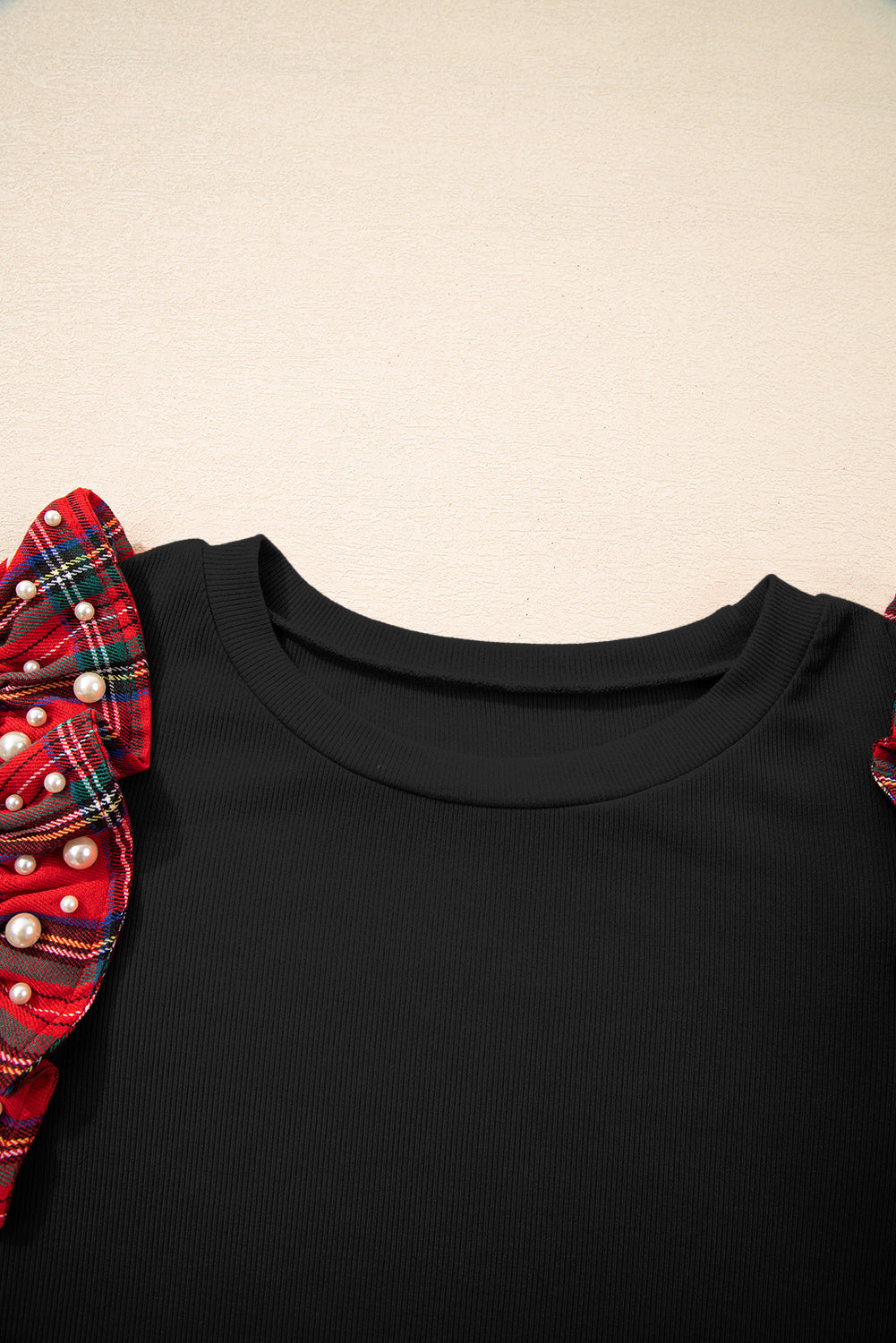 Red Festive Plaid Pearl Embellished Ruffle Short Sleeve Blouse