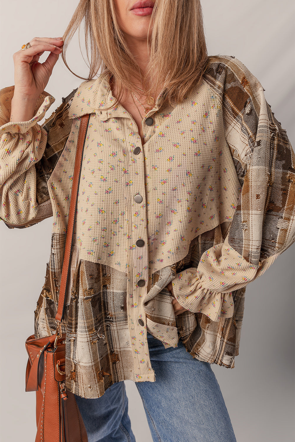 Mist Green Boho Floral Plaid Patchwork Distressed Detail Ruffled Sleeve Waffle Knit Shacket