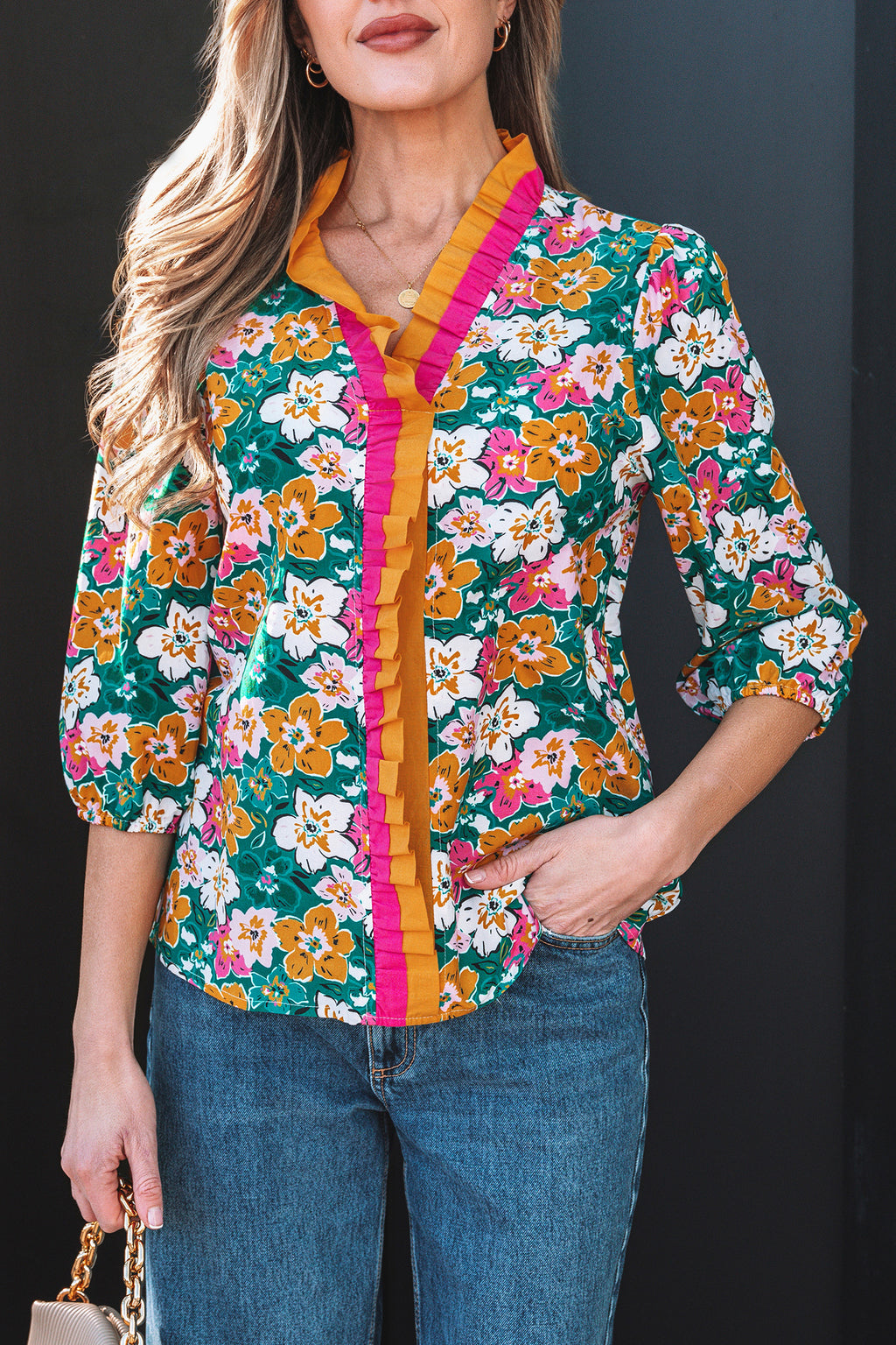 Green Floral Print Contrast Trim Frilled V Neck 3/4 Sleeve Blouse