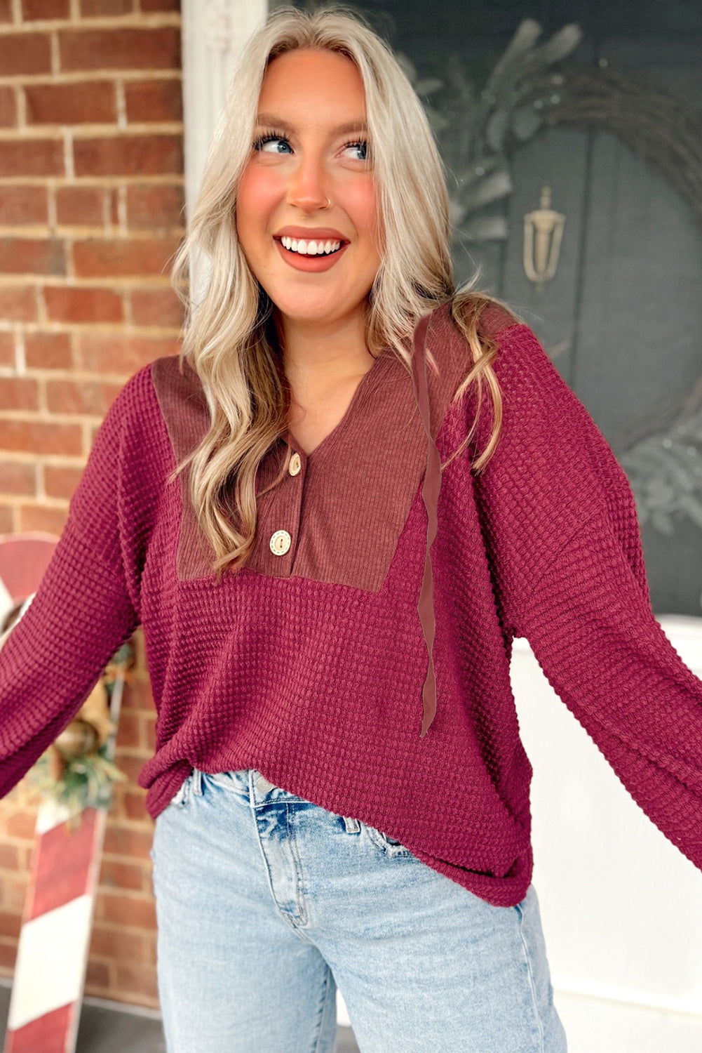 Oatmeal Waffle Patchwork Drop Shoulder Hooded Long Sleeve Top
