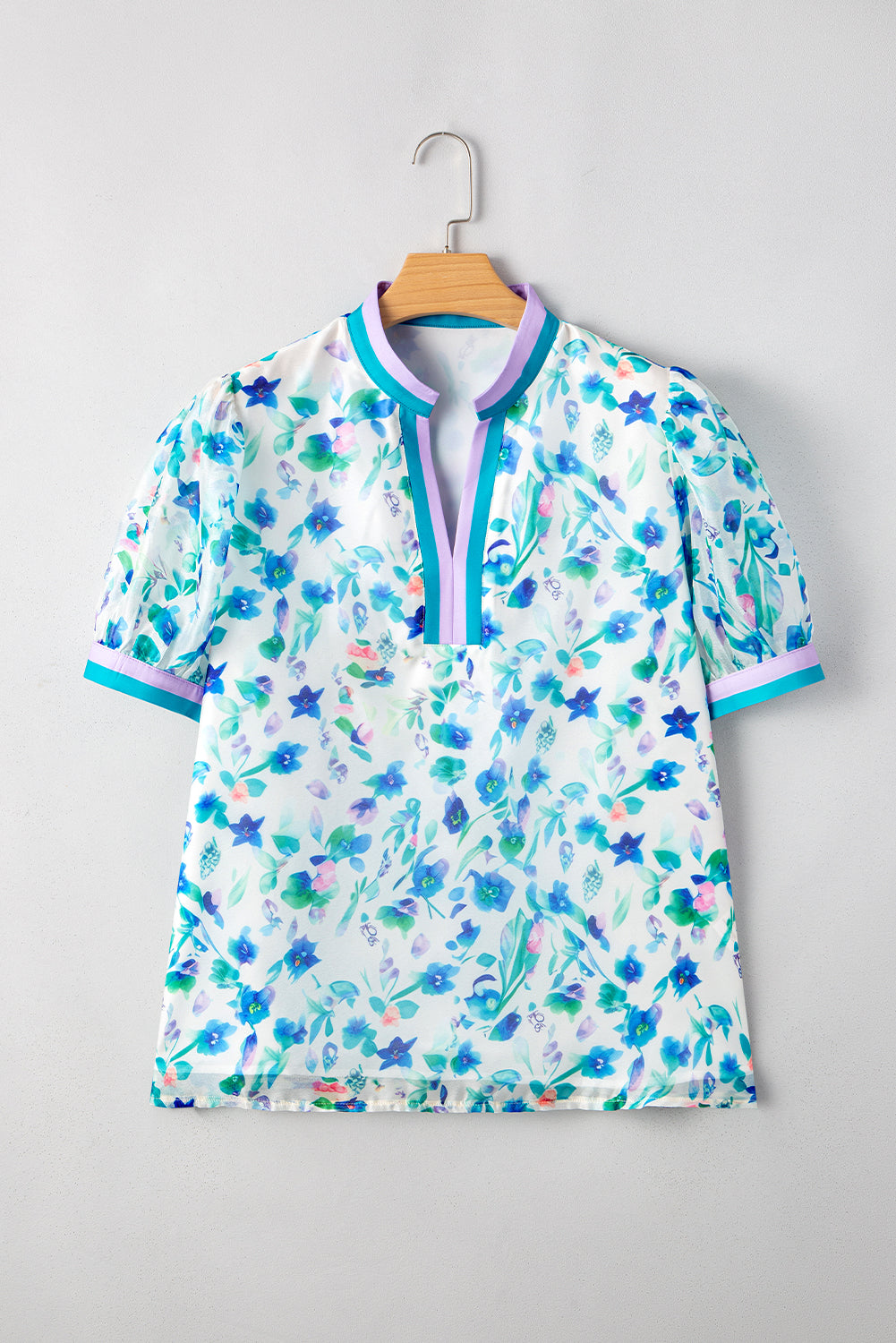 Green Floral Print Striped Trim Split V Neck Puff Short Sleeve Blouse