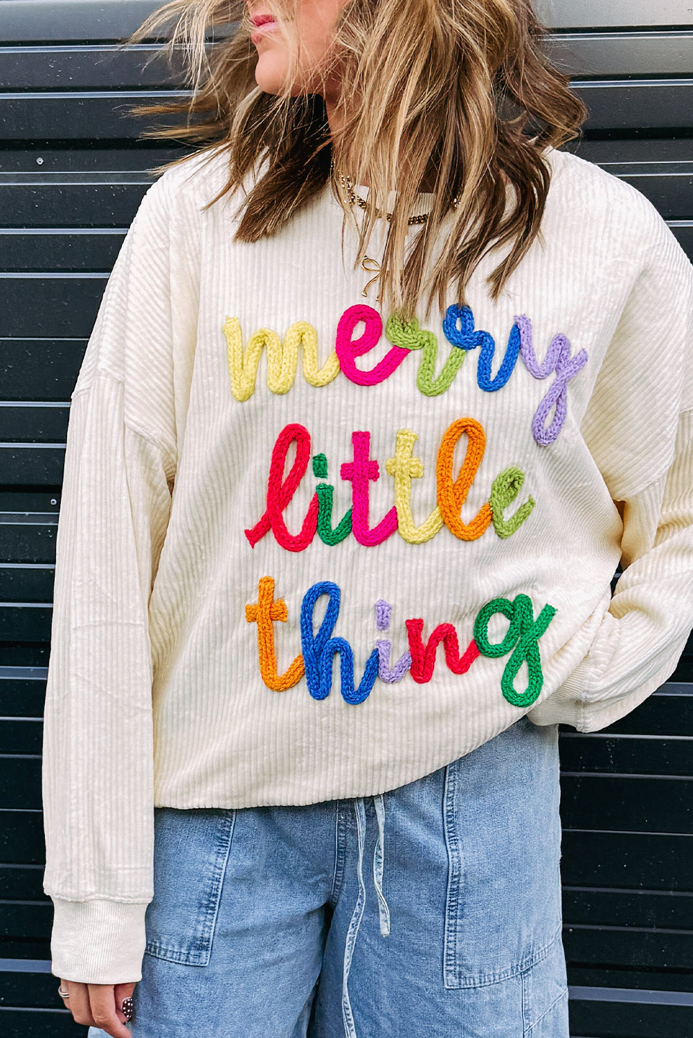 Dark Green merry little thing Corded Letter Graphic Ribbed Loose Sweatshirt