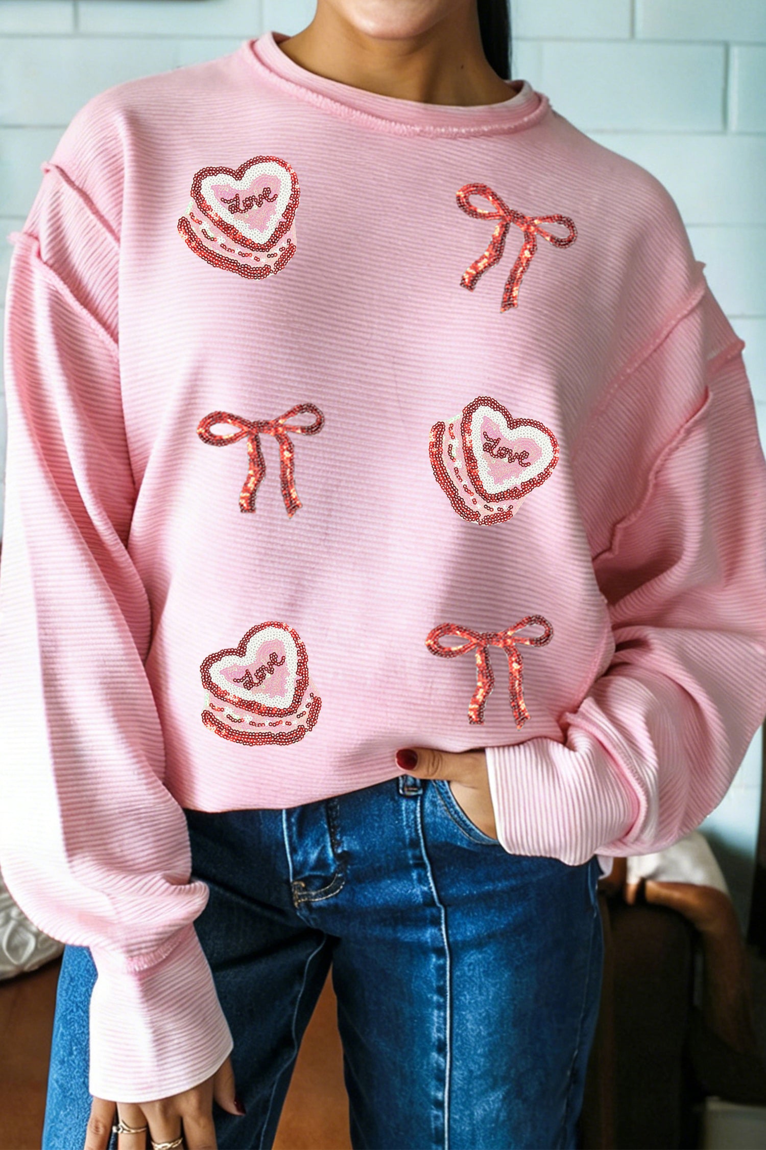 Pink Exposed Seam Ribbed Texture Sequin Love Cake Bow Graphic Long Sleeve Top