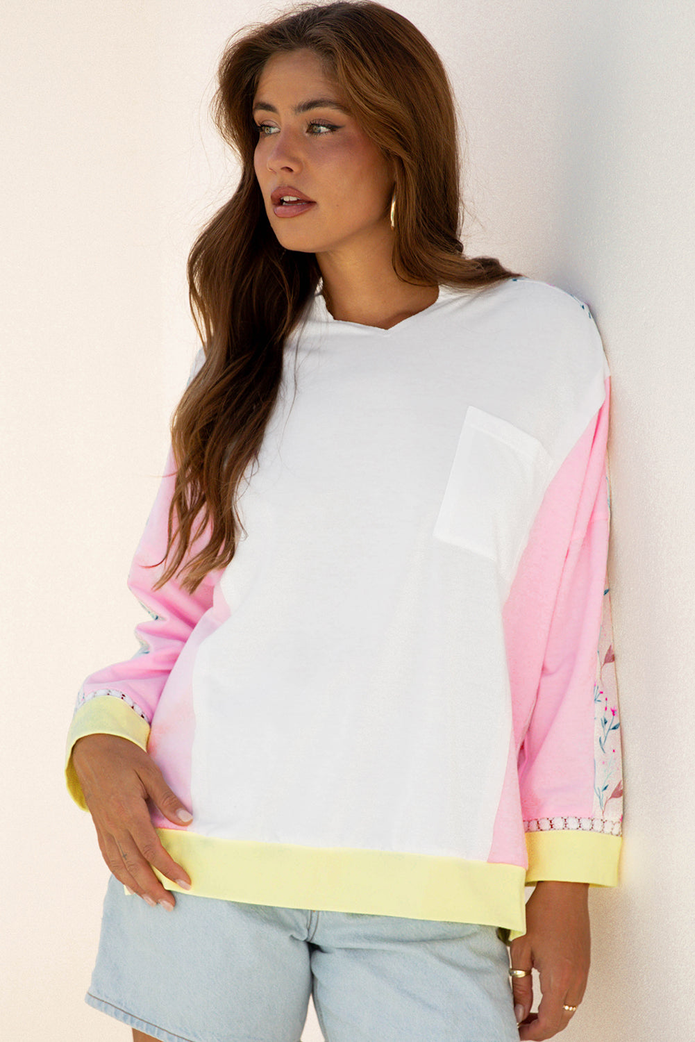 Green Color Block Floral Patchwork Long Sleeve Notched Neck Plus Size Top