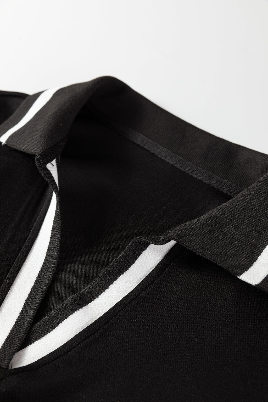 Black Striped Trim V Neck Collared Long Sleeve Shift Mini Dress