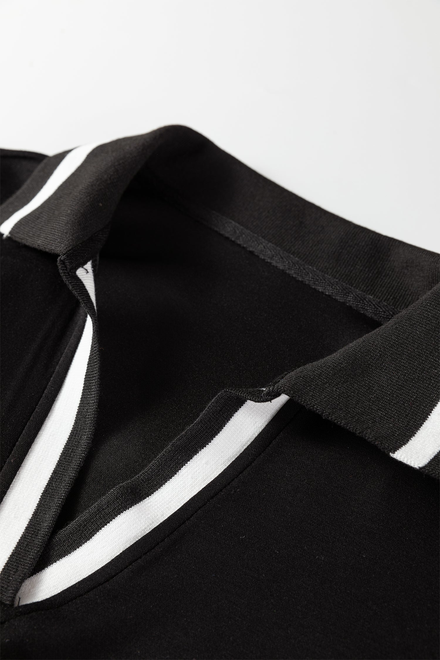 Black Striped Trim V Neck Collared Long Sleeve Shift Mini Dress