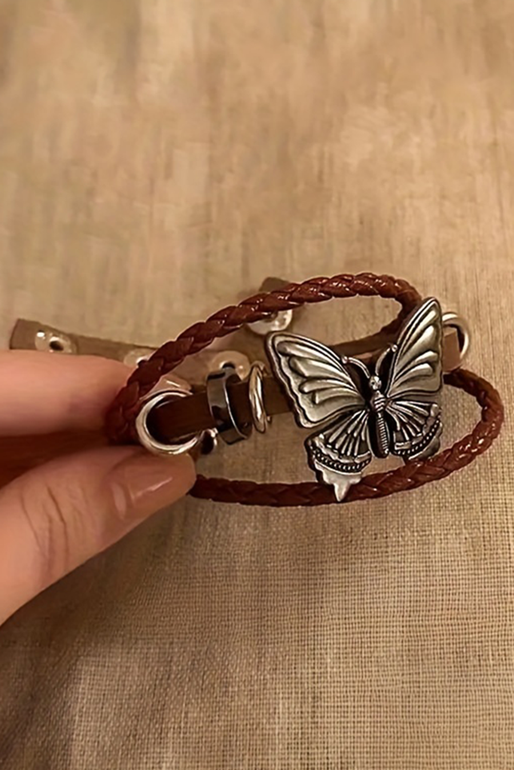 Mineral Red Retro Butterfly Decor Exotic Faux Leather Braided Snap Button Bracelet