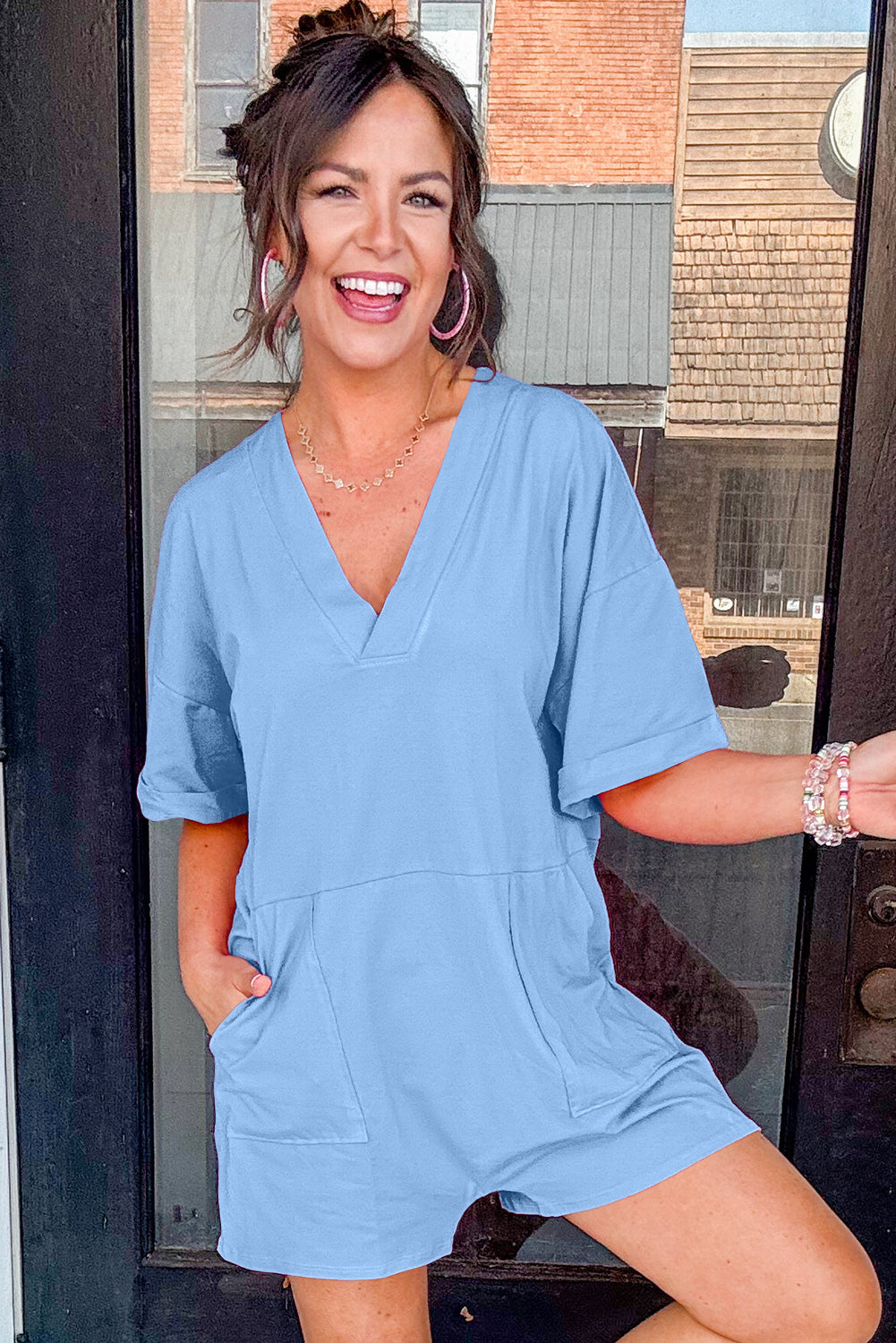 Bonbon Loose Half Sleeve V Neck Knit Romper