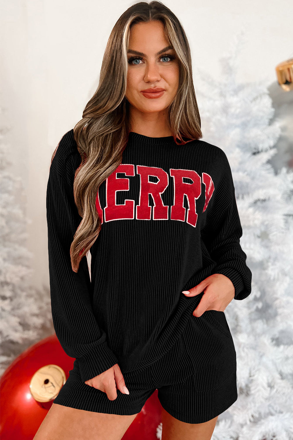 Black MERRY Corded Long Sleeve Top and Pockets Pants Set