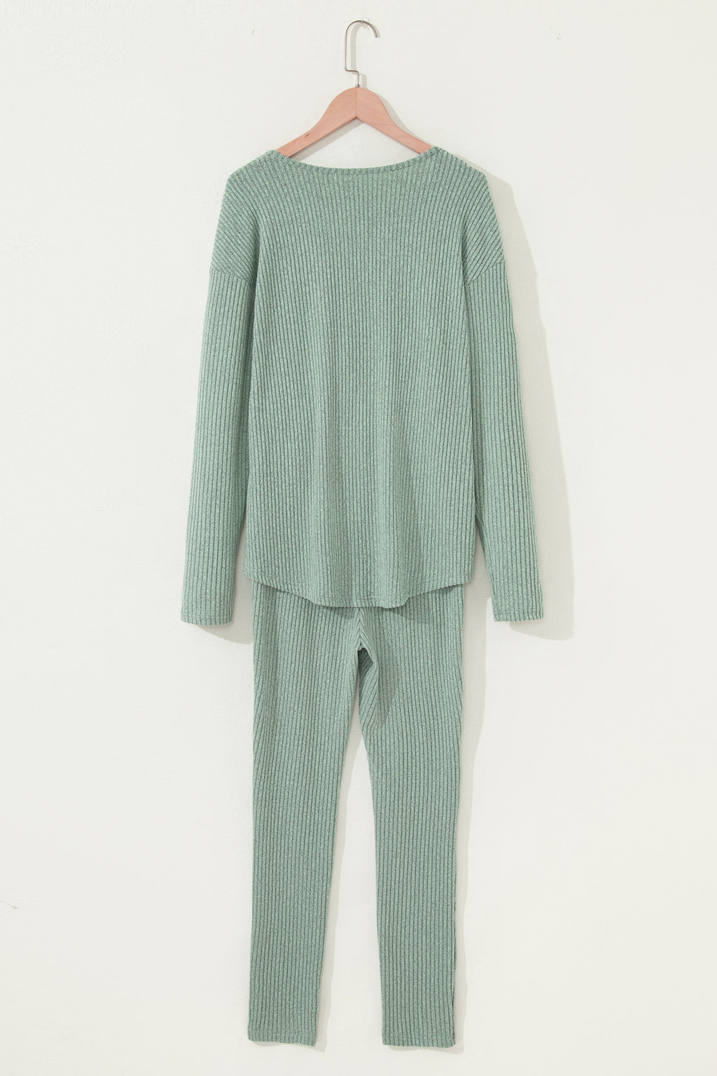 Black Ribbed Notched Neck Knit Long Sleeve Leggings Two Pieces Lounge Set