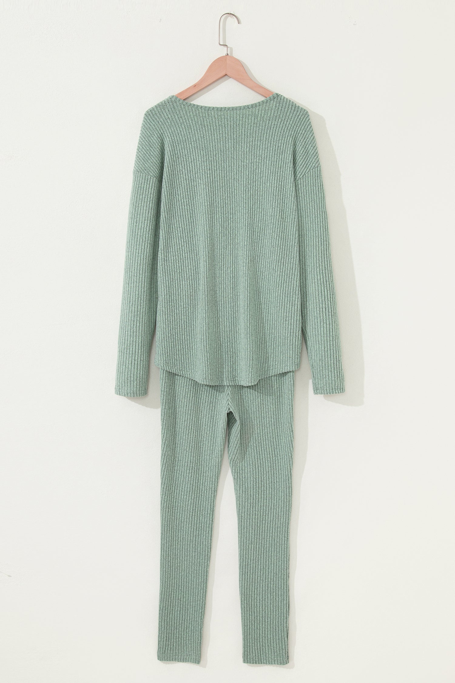 Black Ribbed Notched Neck Knit Long Sleeve Leggings Two Pieces Lounge Set