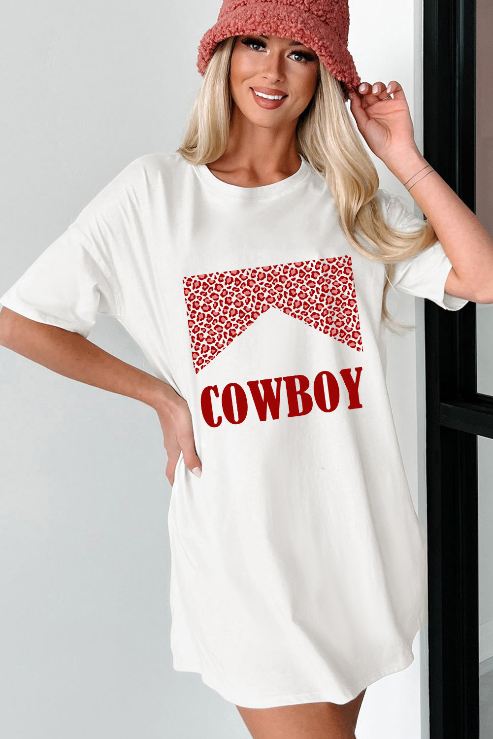 White Oversize COWBOY Graphic Round Neck Short Sleeve Tee