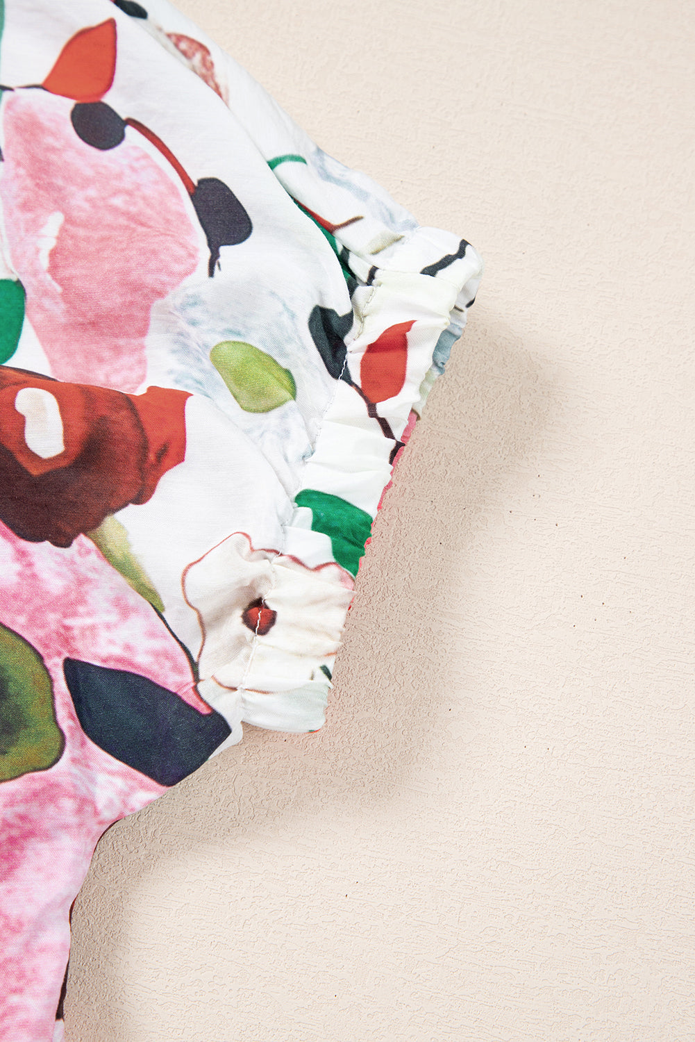 Pink Floral Print Slit V Neck Short Sleeve Blouse
