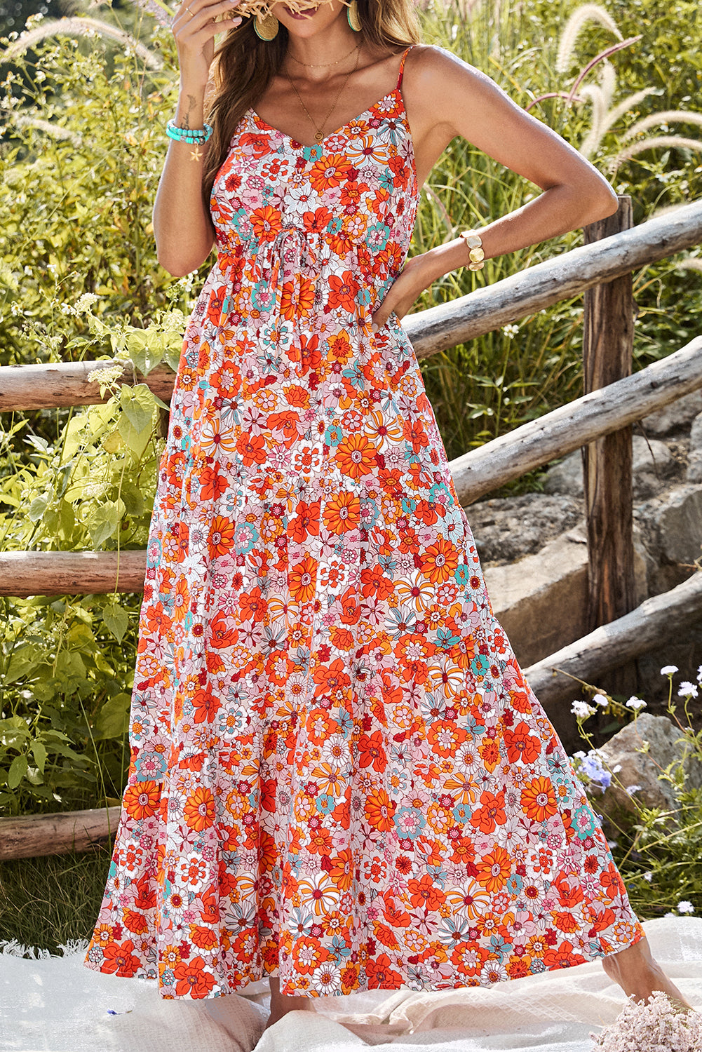 Red Boho Fashion Print Spaghetti Straps Drawstring Maxi Dress