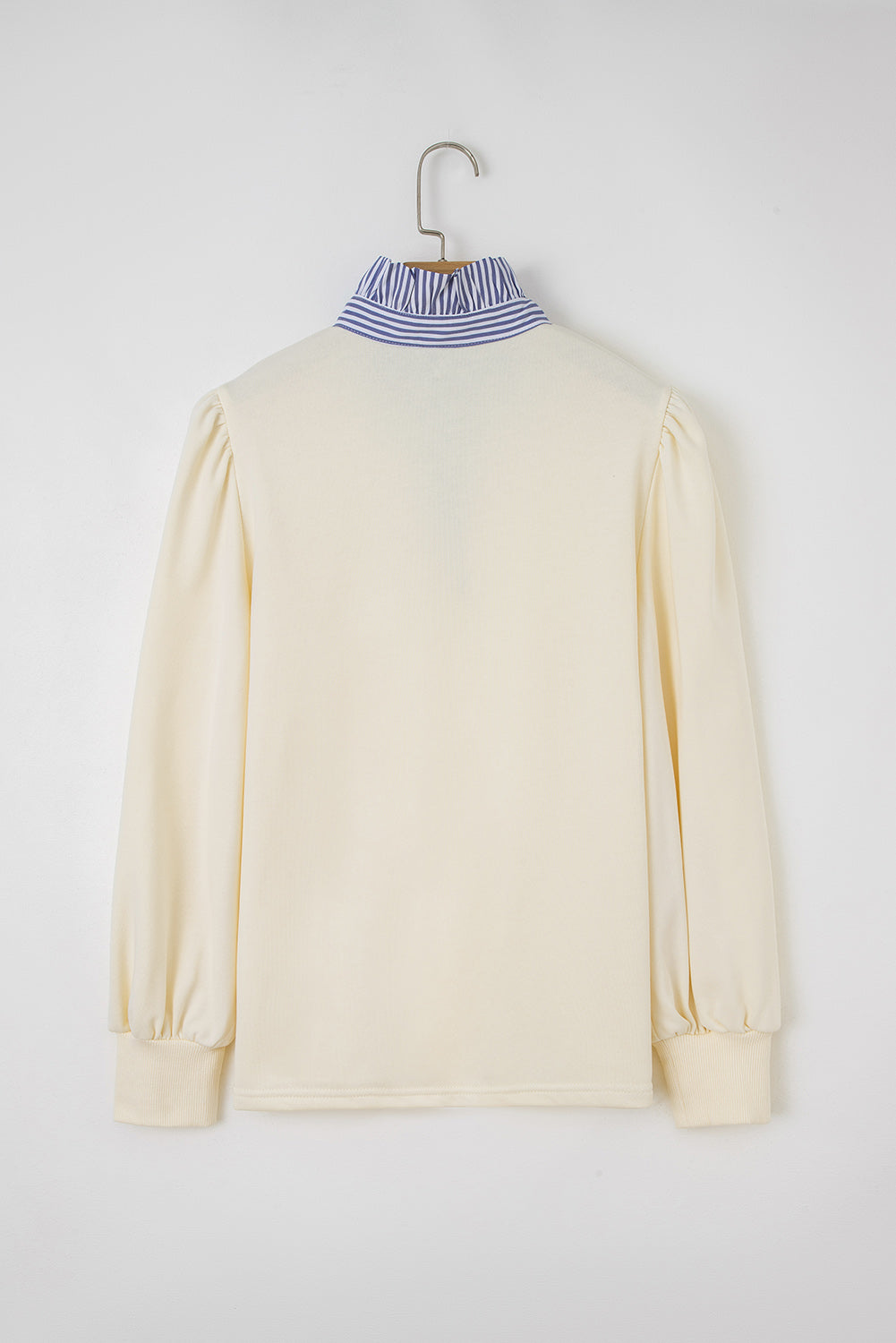 Bonbon Button Striped Collar Patchwork Puff Sleeve Sweatshirt