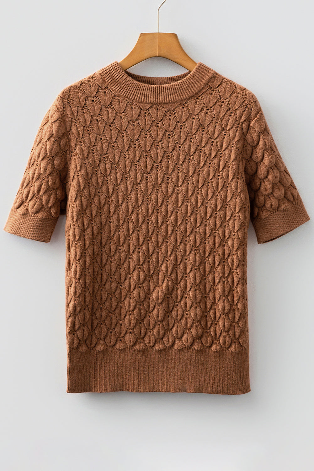 Straw Yellow Fish Scale Textured Knit Ribbed Crew Neck Short Sleeve Sweater