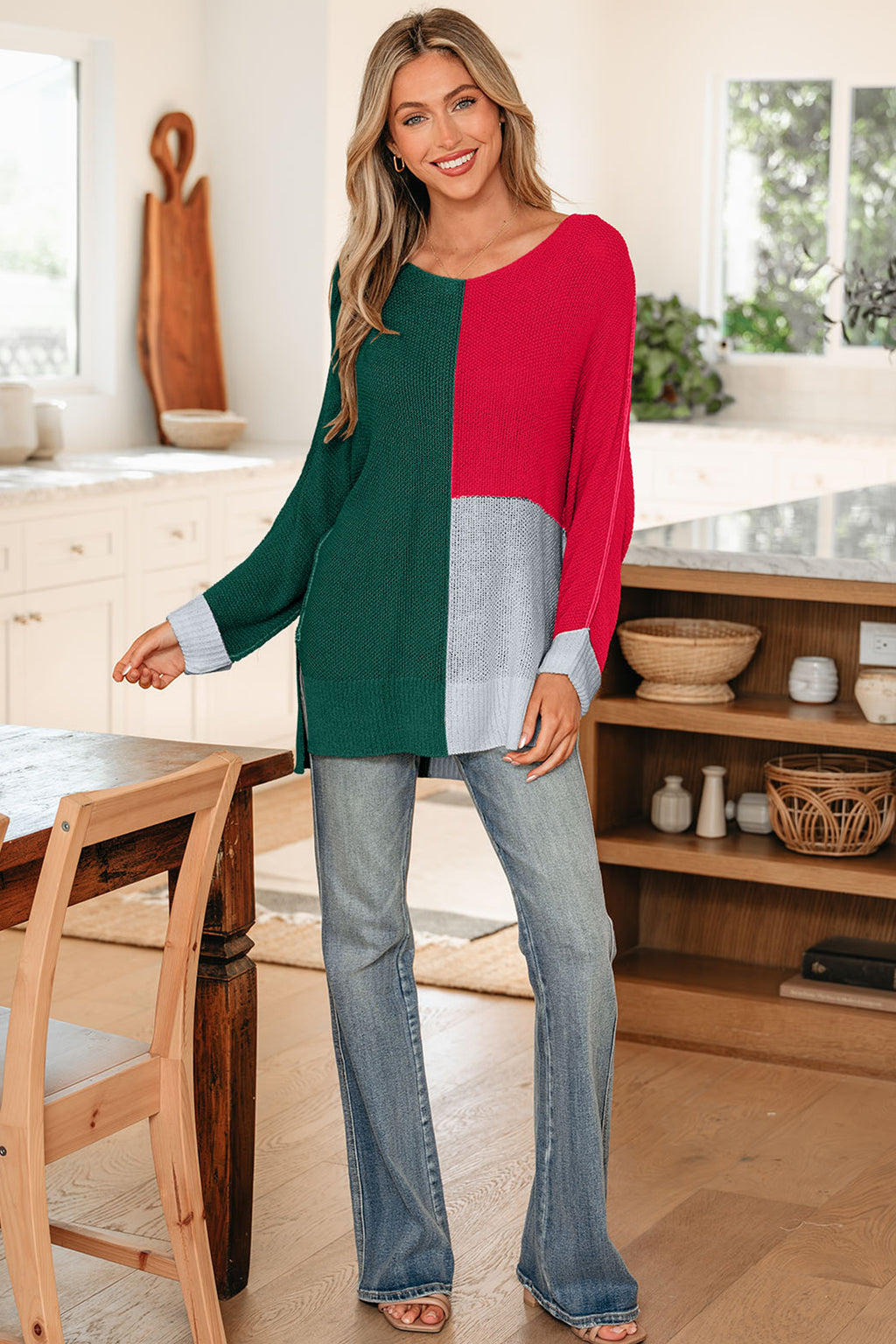 Black Color Block Knit V Neck Loose Sweater