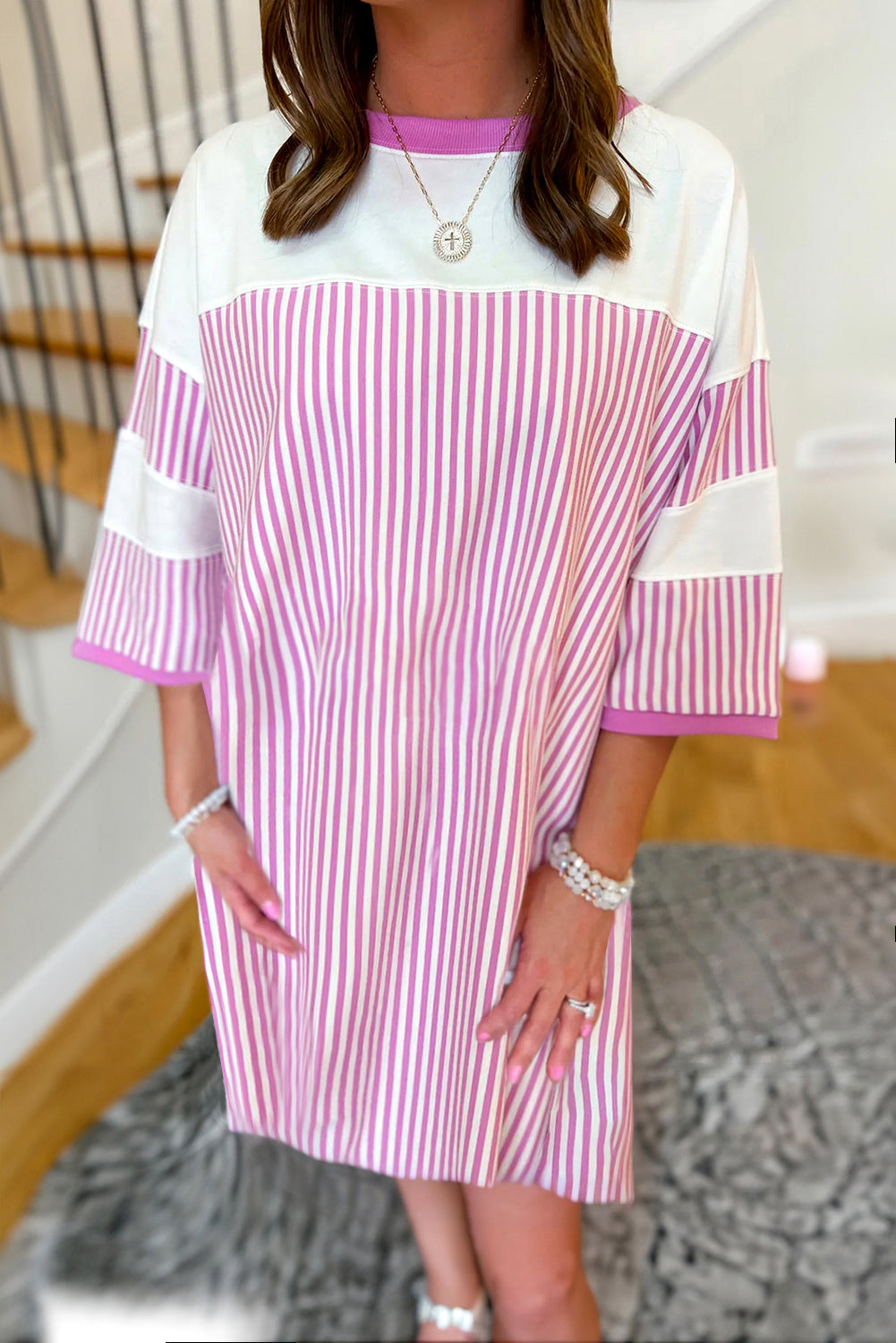 Pink Stripe Patchwork Bracelet Sleeve Plus Size T Shirt