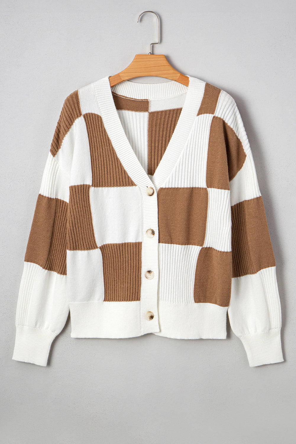 Khaki Checkered Ribbed Texture Knit Plus Size Cardigan Sweater