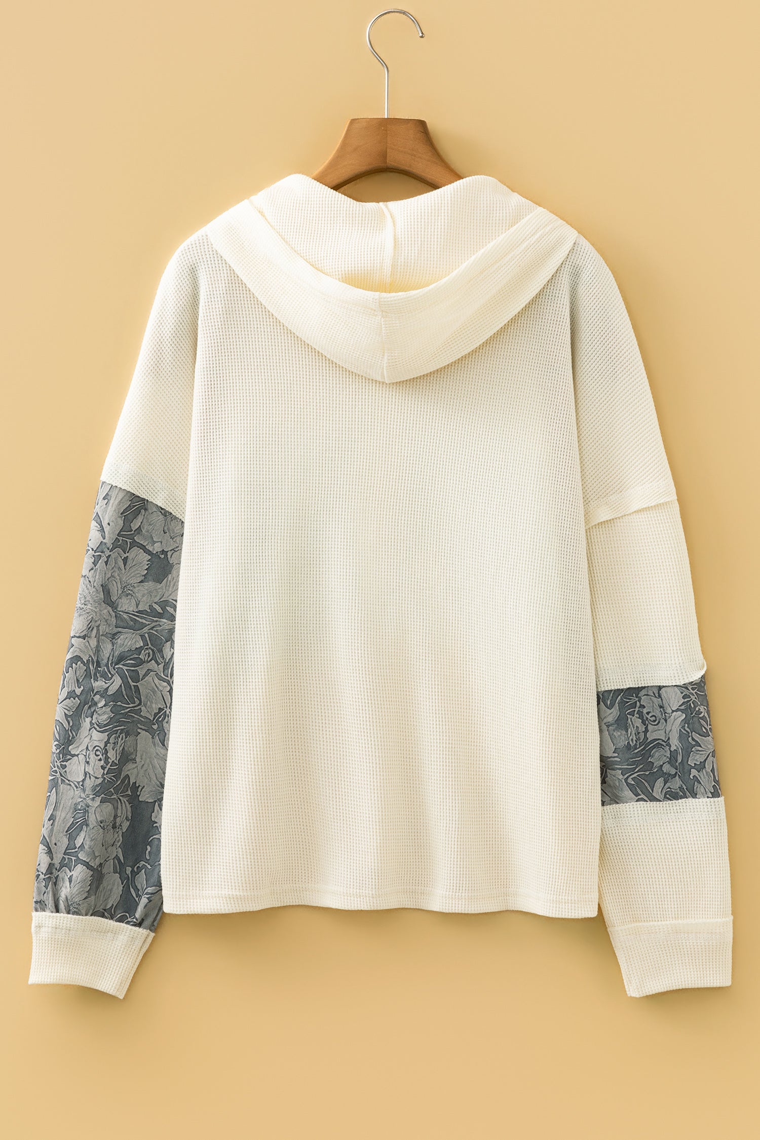 Gray Waffle Printed Patchwork Drawstring Hooded Long Sleeve Top