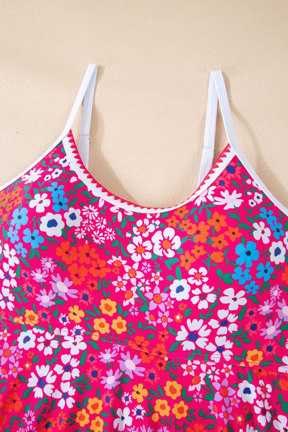 Red Floral Print Ricrac Trim Spaghetti Strap One Piece Swim Dress
