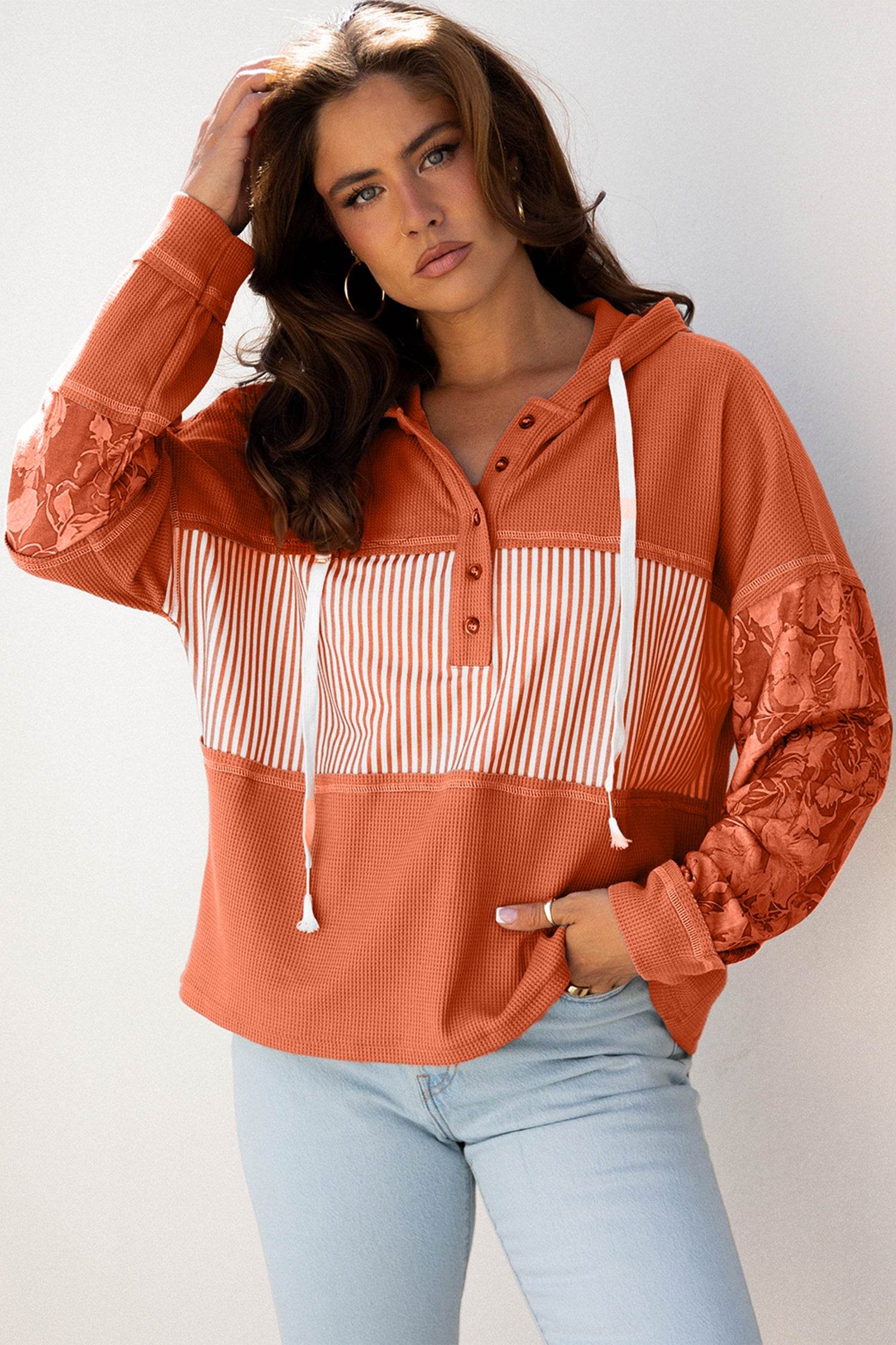 Gray Waffle Printed Patchwork Drawstring Hooded Long Sleeve Top