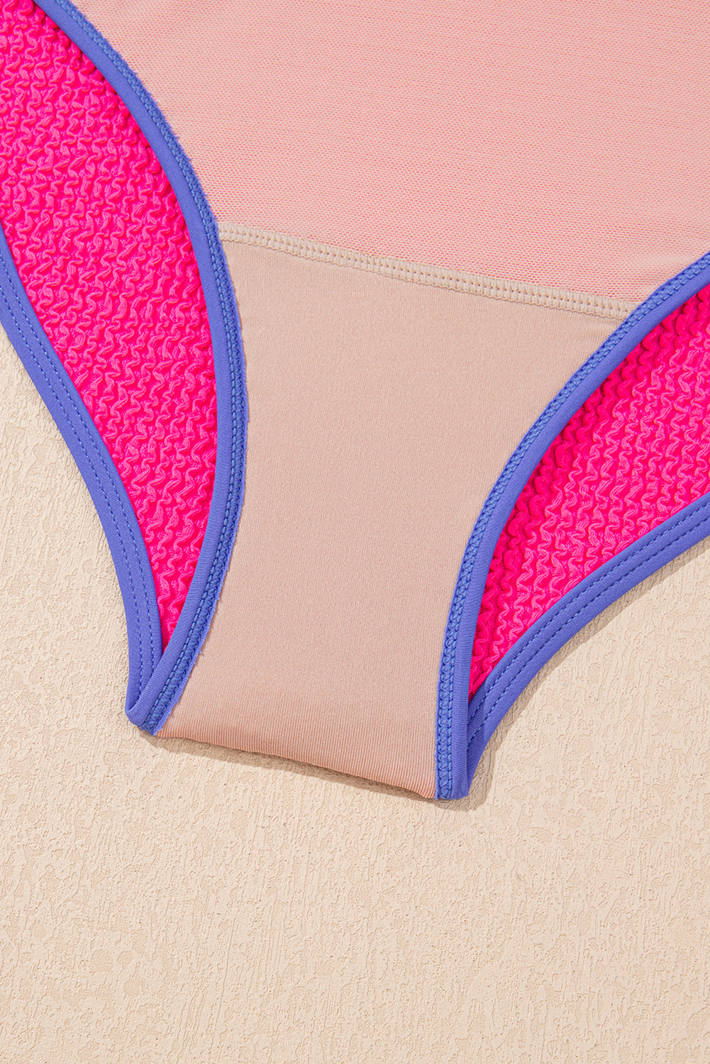 Rose Red Textured Color Block Patchwork One Piece Swimsuit