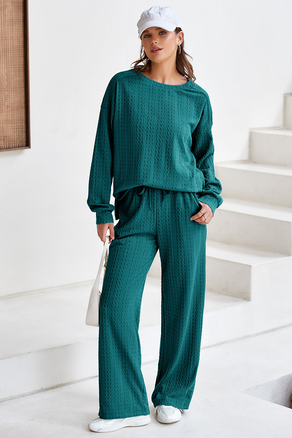 Smoke Green Textured Round Neck Sweatshirt & Loose Drawstring High Waist Pant Set