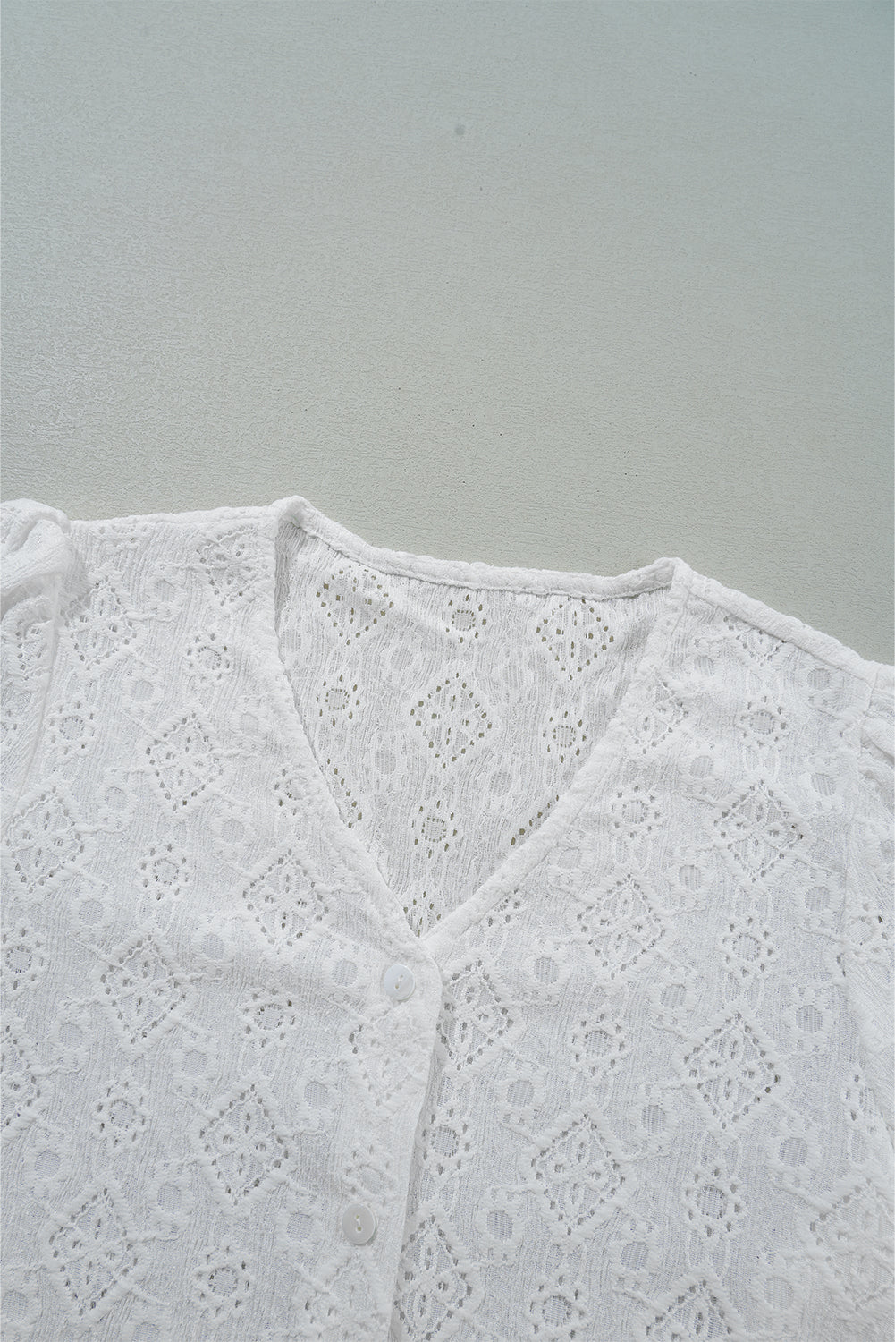 White Lace Puff Sleeve V Neck Button Up Shirt