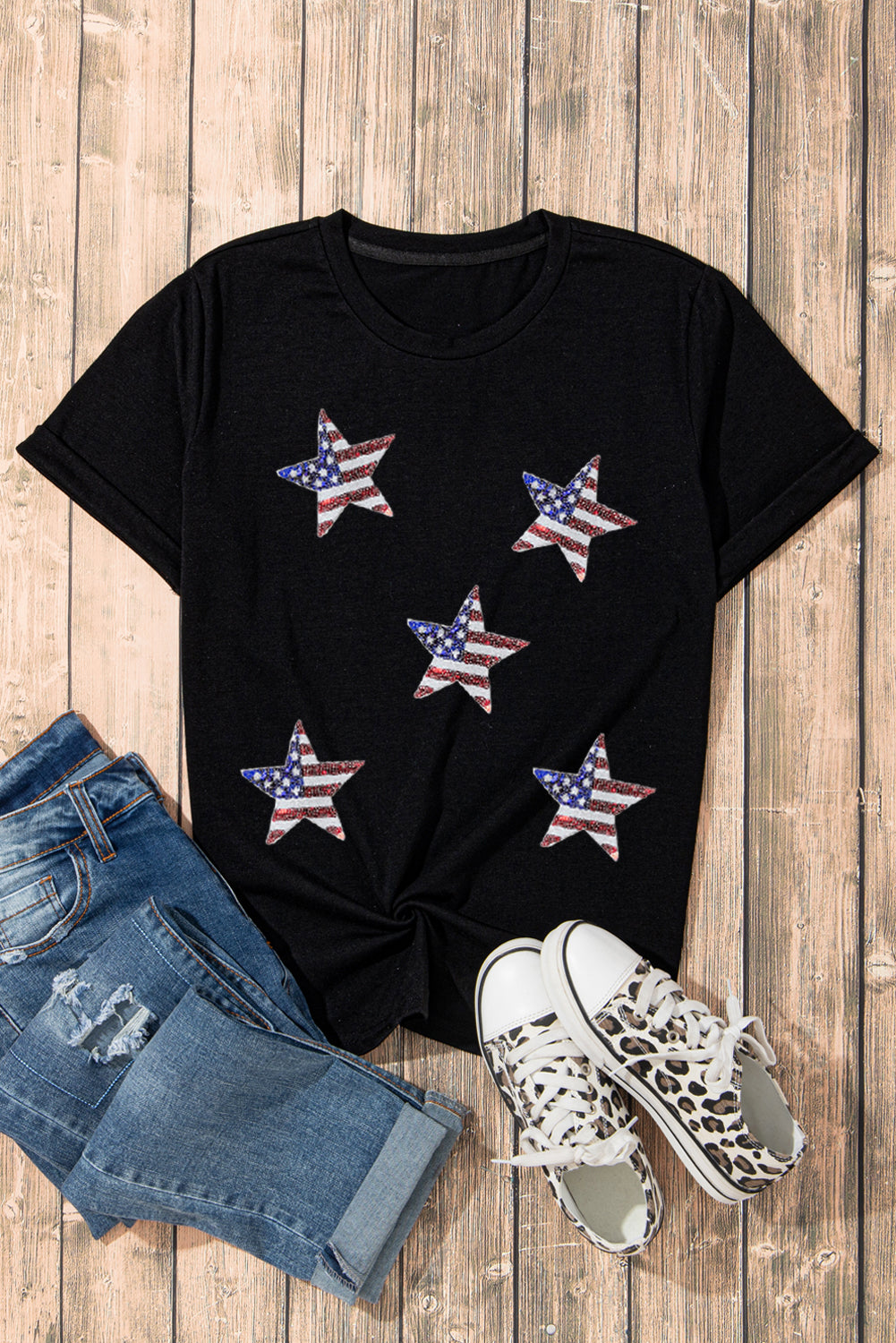 White Sequin American Flag Can Oversized Graphic Tee