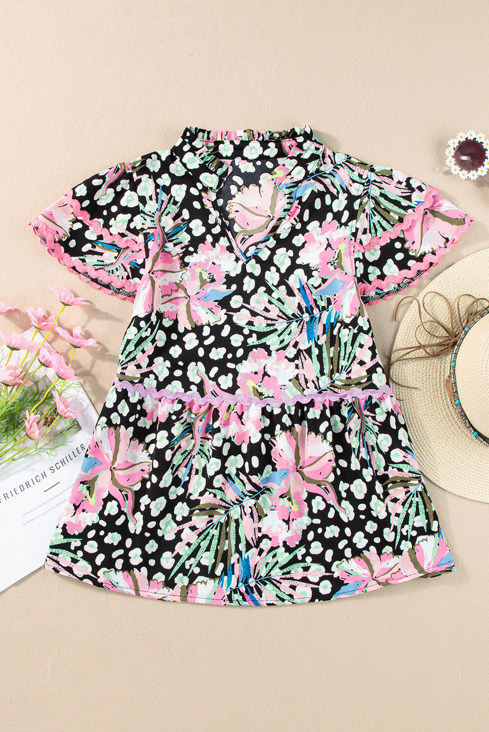 Pink Floral Ricrac Embellished Tiered Mini Dress