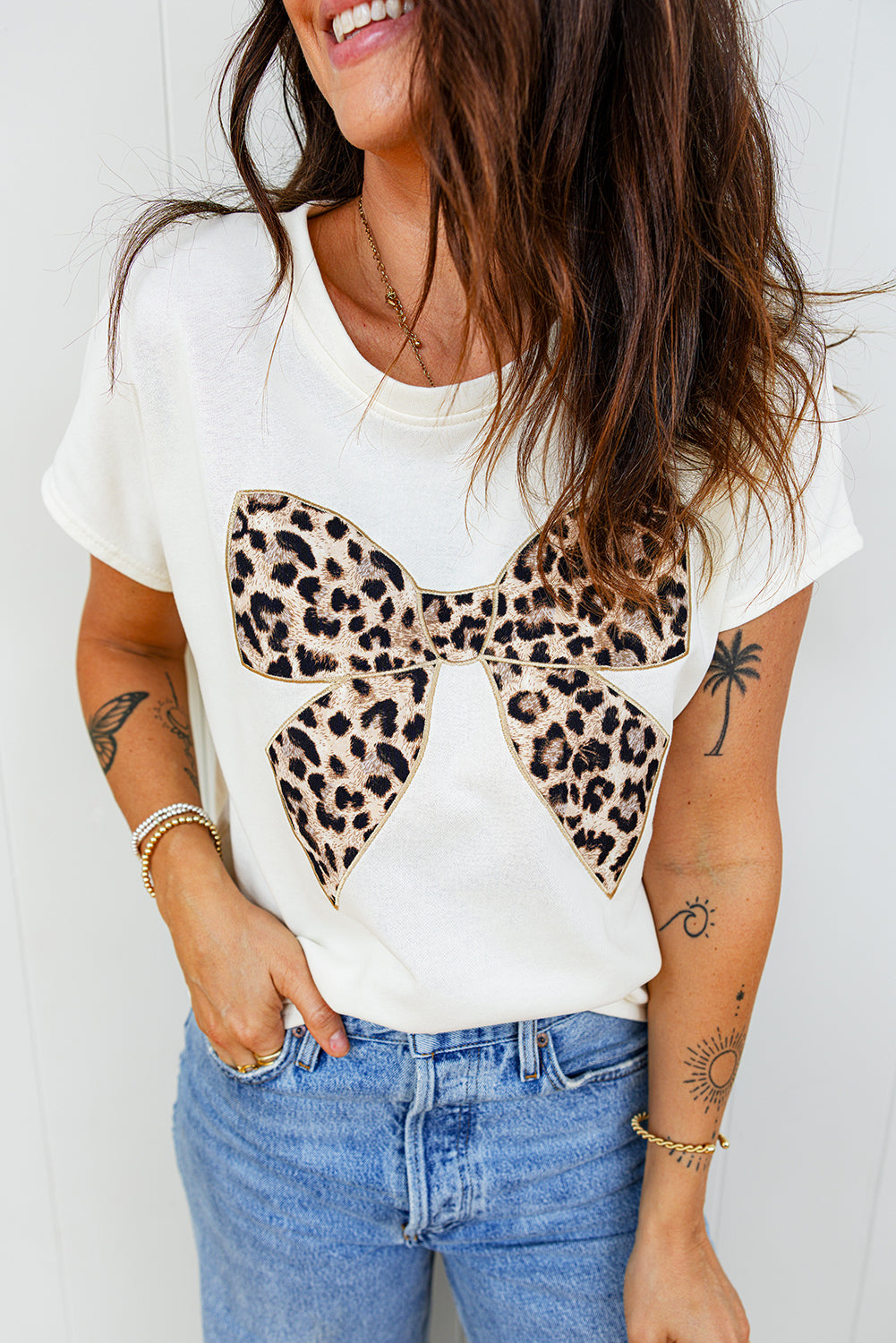Pink Leopard Bow Embroidered Cotton Round Neck T Shirt