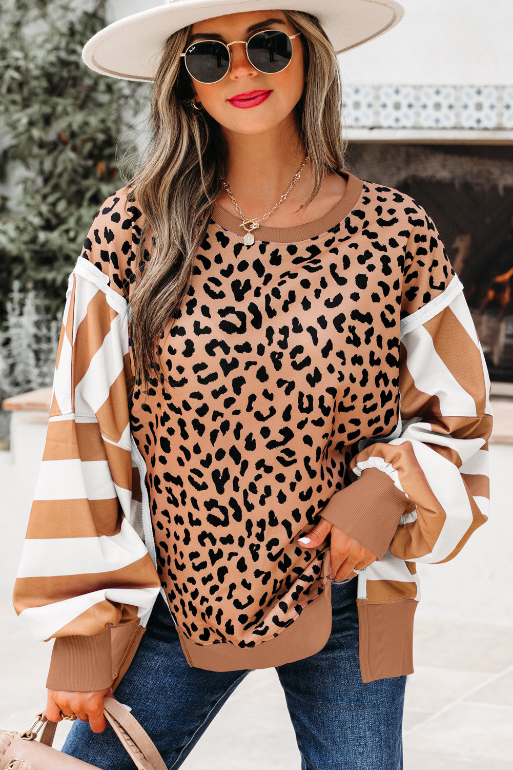 Khaki Leopard Striped Patchwork Plus Size Loose Sweatshirt